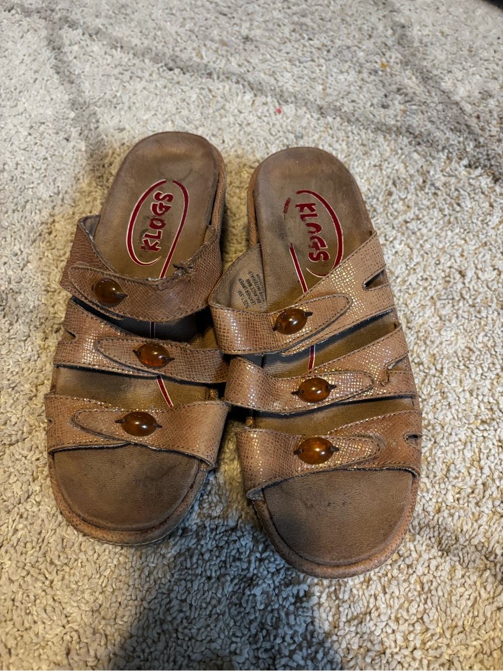 Klogs Brown Triple-Strap Slide Sandals with Amber Buttons